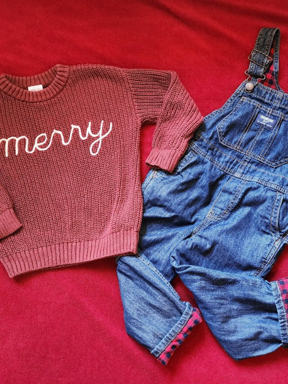 Oshkosh B'Gosh Denim Overalls Red Flannel Lining with Merry Sweater - Size 4T